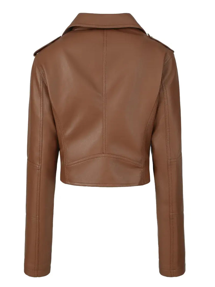 Women's Solid Zipper Front Sheep Leather Crop Jacket, Casual Long Sleeve Lightweight Jacket For Fall & Spring