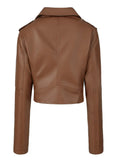 Women's Solid Zipper Front Sheep Leather Crop Jacket, Casual Long Sleeve Lightweight Jacket For Fall & Spring