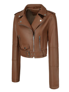 Women's Solid Zipper Front Sheep Leather Crop Jacket, Casual Long Sleeve Lightweight Jacket For Fall & Spring
