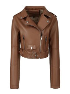 Women's Solid Zipper Front Sheep Leather Crop Jacket, Casual Long Sleeve Lightweight Jacket For Fall & Spring