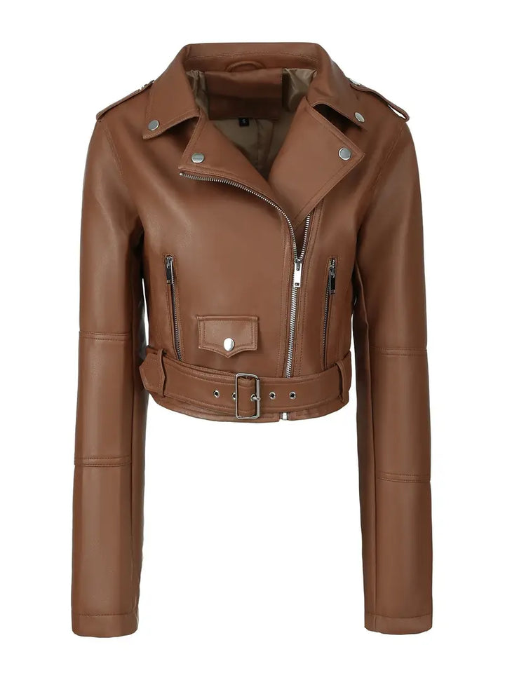 Women's Solid Zipper Front Sheep Leather Crop Jacket, Casual Long Sleeve Lightweight Jacket For Fall & Spring