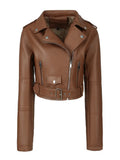 Women's Solid Zipper Front Sheep Leather Crop Jacket, Casual Long Sleeve Lightweight Jacket For Fall & Spring