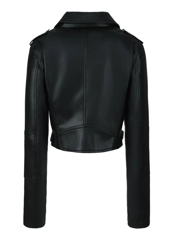 Women's Solid Zipper Front Sheep Leather Crop Jacket, Casual Long Sleeve Lightweight Jacket For Fall & Spring