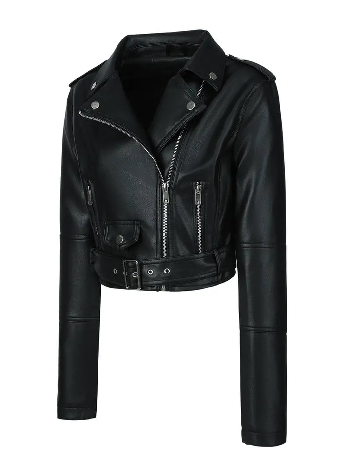 Women's Solid Zipper Front Sheep Leather Crop Jacket, Casual Long Sleeve Lightweight Jacket For Fall & Spring