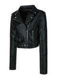 Women's Solid Zipper Front Sheep Leather Crop Jacket, Casual Long Sleeve Lightweight Jacket For Fall & Spring