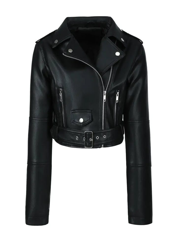 Women's Solid Zipper Front Sheep Leather Crop Jacket, Casual Long Sleeve Lightweight Jacket For Fall & Spring