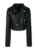 Women's Solid Zipper Front Sheep Leather Crop Jacket, Casual Long Sleeve Lightweight Jacket For Fall & Spring