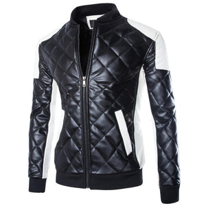 Men's Two Tone Quilted Leather Jacket  Fashion Stand Collar Rider Jacket