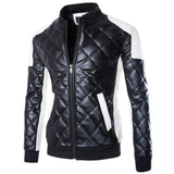 Men's Two Tone Quilted Leather Jacket  Fashion Stand Collar Rider Jacket