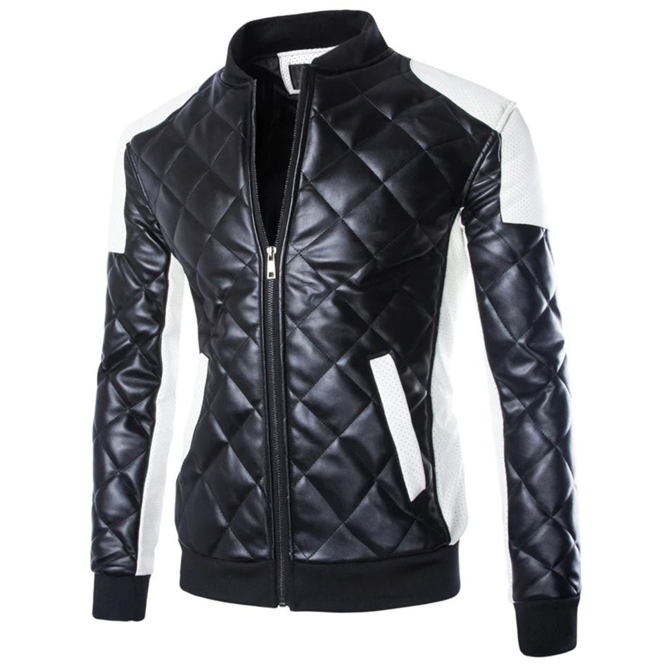Men's Two Tone Quilted Leather Jacket  Fashion Stand Collar Rider Jacket