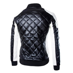 Men's Two Tone Quilted Leather Jacket  Fashion Stand Collar Rider Jacket