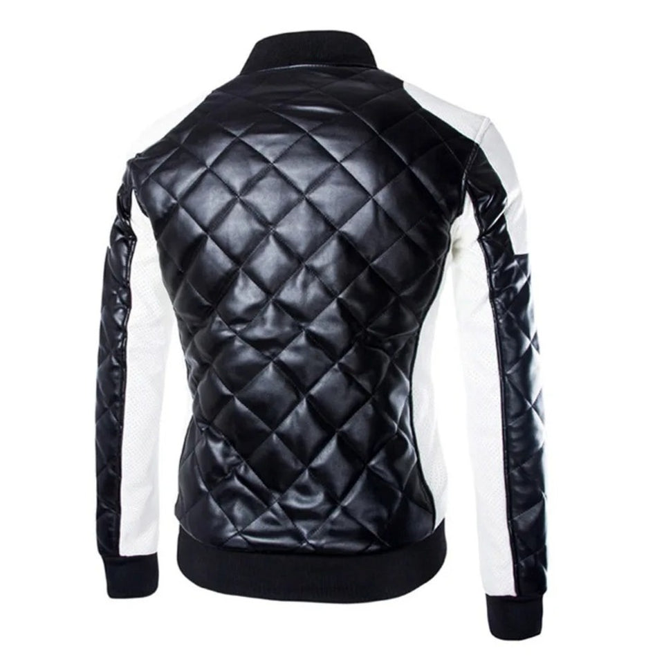 Men's Two Tone Quilted Leather Jacket  Fashion Stand Collar Rider Jacket