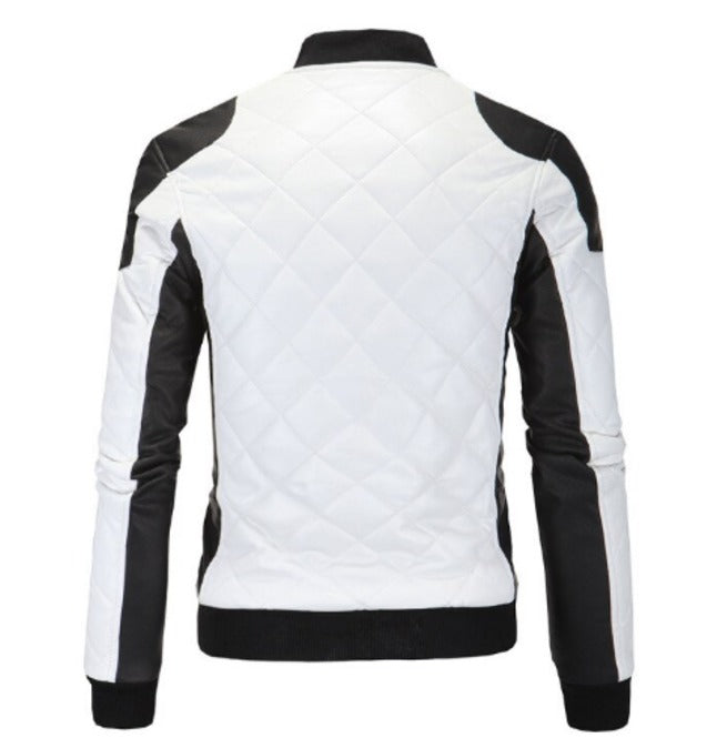 Men's Two Tone Quilted Leather Jacket  Fashion Stand Collar Rider Jacket