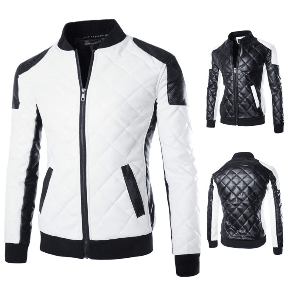 Men's Two Tone Quilted Leather Jacket  Fashion Stand Collar Rider Jacket