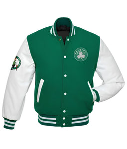 Boston Celtics Green Body Baseball Varsity Jacket Letterman with white Leather Sleeves