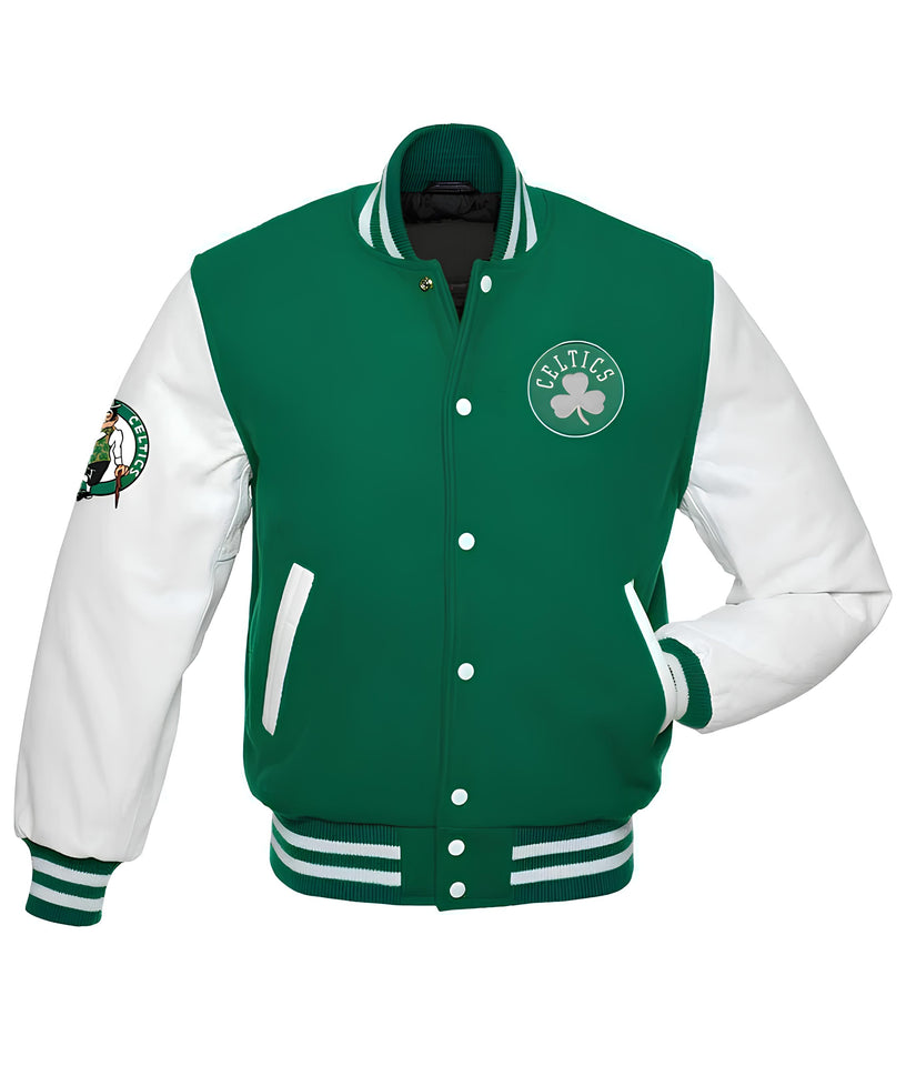 Boston Celtics Green Body Baseball Varsity Jacket Letterman with white Leather Sleeves