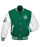Boston Celtics Green Body Baseball Varsity Jacket Letterman with white Leather Sleeves