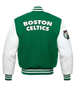 Boston Celtics Green Body Baseball Varsity Jacket Letterman with white Leather Sleeves
