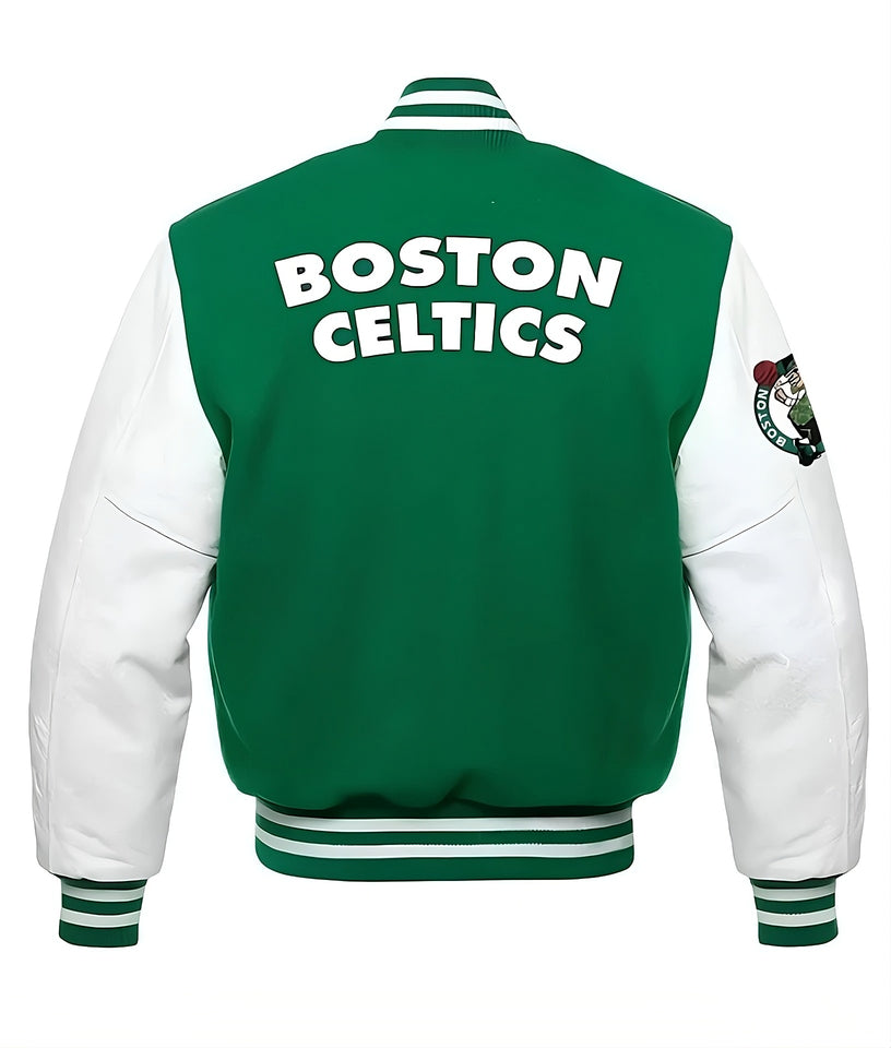 Boston Celtics Green Body Baseball Varsity Jacket Letterman with white Leather Sleeves