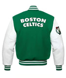 Boston Celtics Green Body Baseball Varsity Jacket Letterman with white Leather Sleeves
